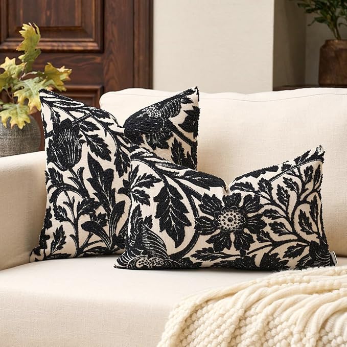 Yangest Chenille Floral Pillow Cover 18 x18 Inches, Neutral Jacquard Square Throw Pillow Cover Soft Decorative Nature Accent Couch Pillow Cover for Living Room Bedroom, Black