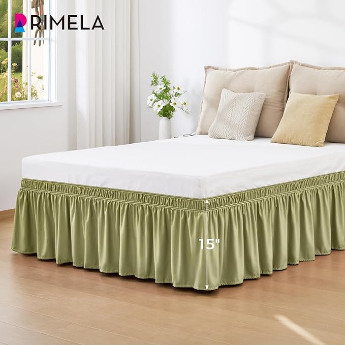 RIMELA Sage Green Bed Skirt King Size 15 Inch Drop, Elastic Bed Skirting for Bed Base and Frame, Bedding Dust Ruffle Easy to Install, Wrap Around Adjustable Bedskirt