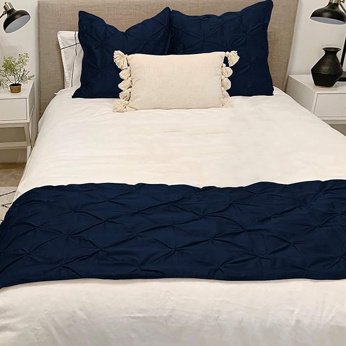 Bed Runner Set - 100% Pure Cotton 800 Thread Count - Luxury 1 Pinch Pleated Bed Runner and 2 Pillow Cover - 3 Piece Pinch Pleated Bed Runner Set California King, Navy Blue