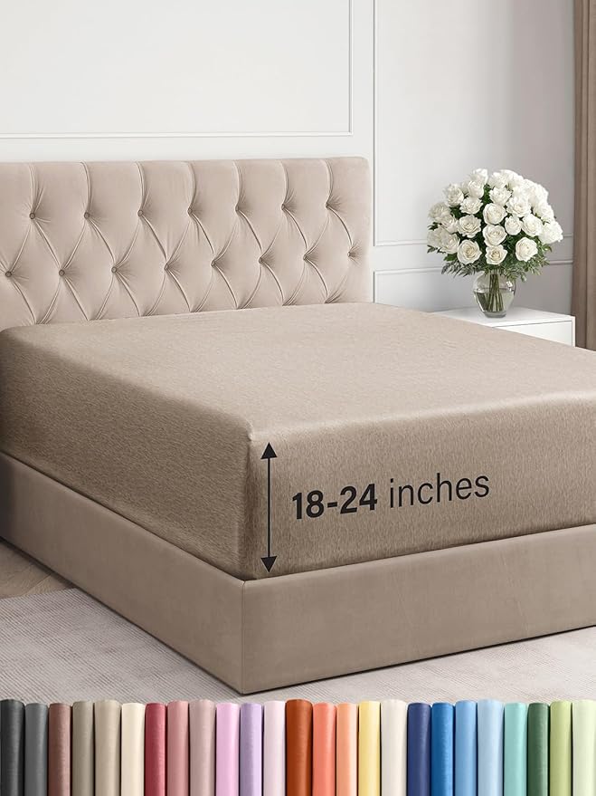 Extra Deep Queen Fitted Sheet - Hotel Luxury Single Fitted Sheet Only - Easily Fits 18 inch to 24 inch Mattress - Ultra Soft, Wrinkle Free w/Extra Deep Pockets - Breathable & Comfy - Heathered Beige