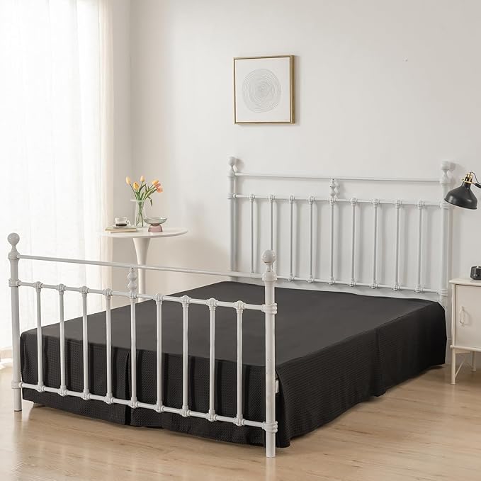 Queen Bed Skirt, Pleated Waffle Weave Bed Skirt with Split Corners, Tailored Dust Ruffle 18 Inch Drop Easy Fit, Machine Washable (Black, Queen - 18" Drop)