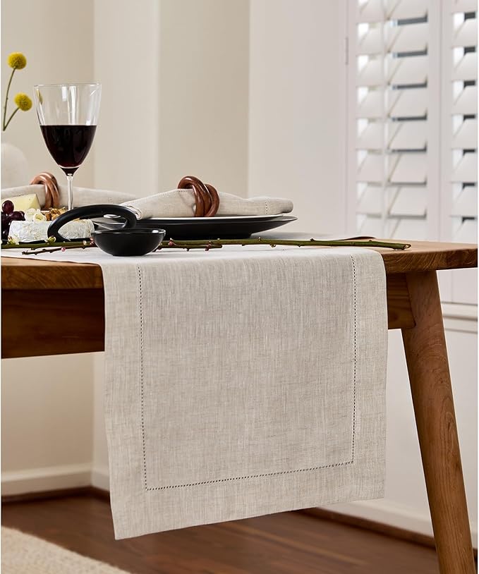 Solino Home Linen Light Natural Table Runner 156 Inches Long - 100% Pure Linen Extra Long Table Runner 14 x 156 Inch - Classic Hemstitch