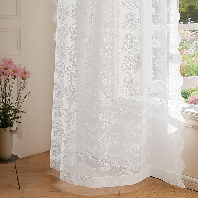 Anmao Vintage Lace Curtains 80 Inches Long 2 Panels Set, Romantic Elegant Light Filtering Semi Sheer Floral Thick Lacy Curtain Drapes for Living Room and Bedroom, Each Panel 55W x 80L, Bright White
