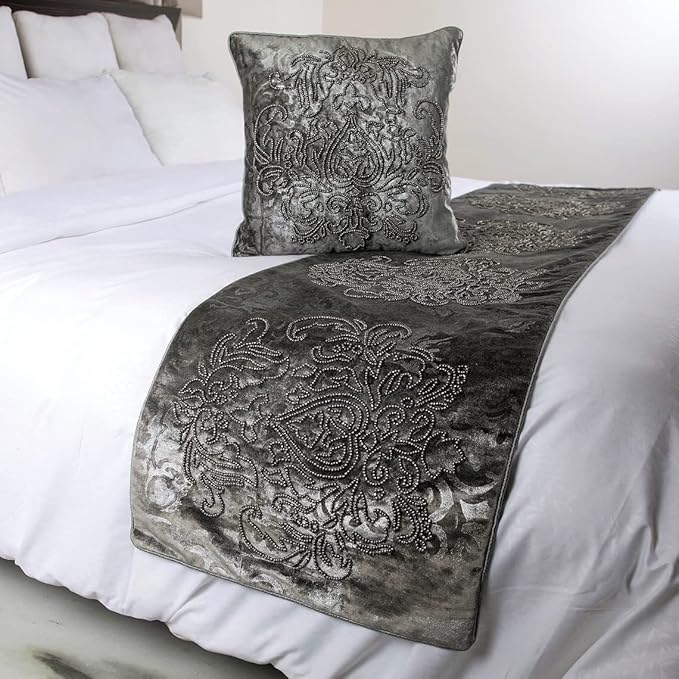The HomeCentric Decorative Designer Handmade Bed Runner With 2 Throw Pillow Covers - 90 x 18 Inch Damask King Size Scarf in Foil Velvet and Embroidery Linen - Foil Damask