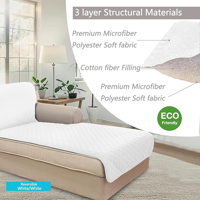 U-NICE HOME Sectional Couch Cover for Dogs Chaise Lounge Reversible Sofa Cover Furniture Protector Cover for Pets with Elastic Adjustable Strap (Chaise Lounge, White/White)