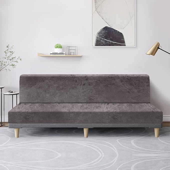 molasofa Leather Like Stretch Futon Slipcover Armless Futon Bed Sofa Cover Furniture Protector with Elastic Bottom, Soft and Washable Futon Cover for Sofa Bed Stay in Place（X Larger，Khaki）