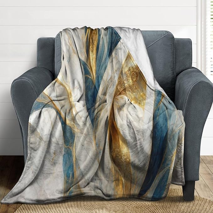Abstract Marble Blanket, Modern Luxury Baroque Golden Blue White Stone Veins Pattern Soft Warm Cozy Plush Flannel Covers for Livingroom Bedroom Couch Chair Camping Travel Home Decor Tapestry 60x80in