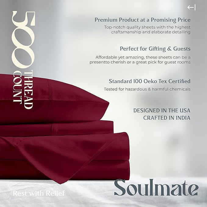 Mayfair Linen 500 Thread Count Full Cotton Sheets - 4 PC Full Size Bed Sheet Set Cotton (Burgundy), Soft, Cooling, Sateen Hotel-Quality 16" Deep Pocket Bedsheet for Hot Sleepers (Fits 18" Mattress)