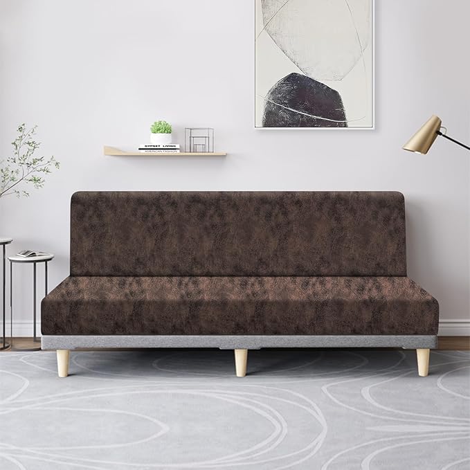 molasofa Leather Like Stretch Futon Slipcover Armless Futon Bed Sofa Cover Furniture Protector with Elastic Bottom, Soft and Washable Futon Cover for Sofa Bed Stay in Place（Larger，Brown）