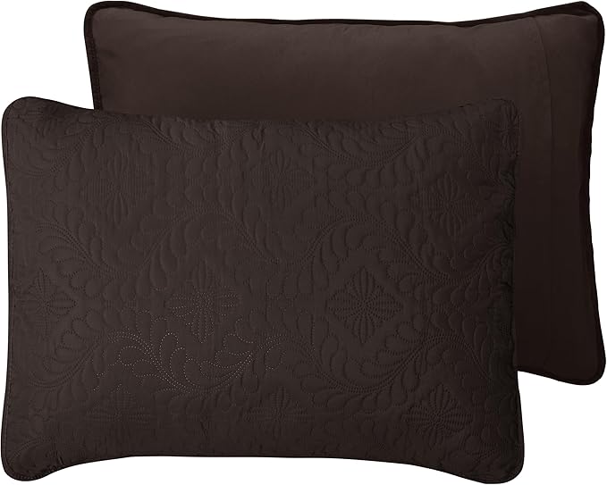 Easy-Going Twin Size Reversible Quilt Set with 1 Quilt and 1 Pillow Sham, Soft Bed Quilt Cover, Water Resistant Lightweight Microfiber Bedspread, Stain Resistant, Olive Leaf-Chocolate/Beige