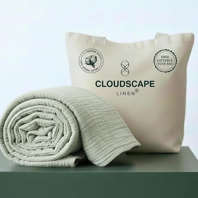 Cloud Scape Linen Extra Large 4 Layer Muslin Throw Blanket - 100% Cotton Gauze, Lightweight & Breathable All Season, Pre-Washed, for Couch & Bed, 50x70, Seafoam Green