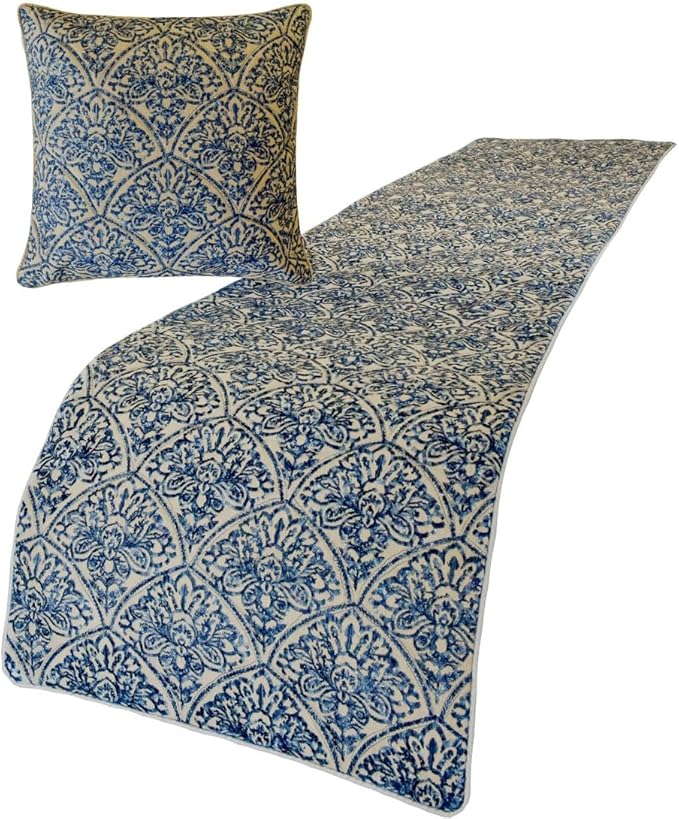 The HomeCentric King/Queen/Twin Blue Designer King 90"x18" Bed Runner with Pillow Cover, Embroidery, Quilted Bed Scarf on Cotton Fabric - Farzeen Blue