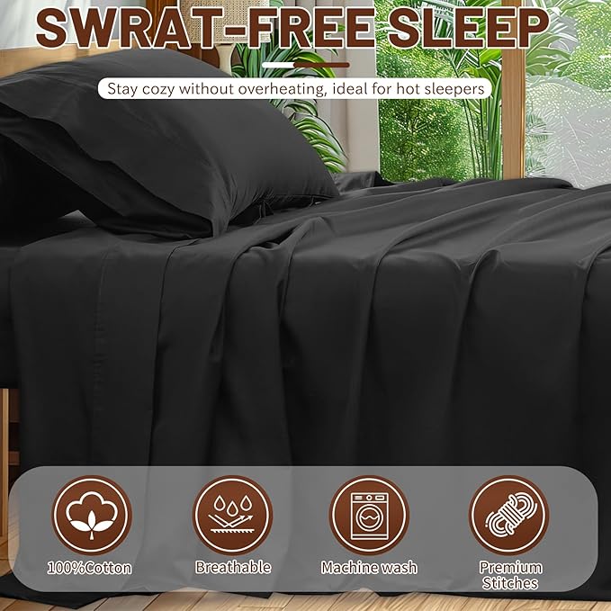 Extra Deep Pocket King Sheets 18-24 Inch 100% Egyptian Cotton 1000 Thread Count Sateen Weave Soft Breathable 4 Pieces（King，Black）