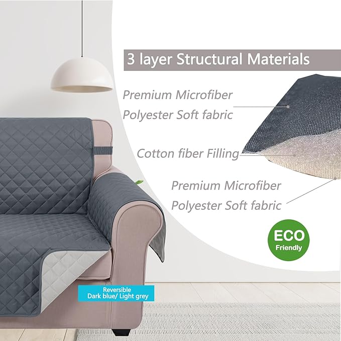 U-NICE HOME Loveseat Sofa Cover Reversible Couch Covers for 2 Cushion Couch for Dogs Furniture Protector Cover with Elastic Straps Water Resistant(Loveseat Small, Dark Blue/Light Grey)
