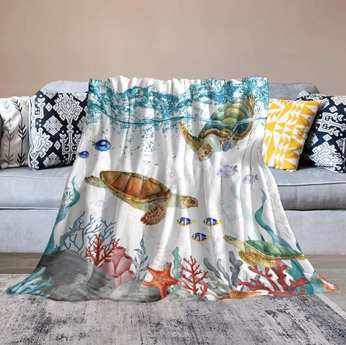 Sea Turtle Throw Blanket, Teal Blue Ocean Underwater Animal Starfish Fish Nautical Coastal Theme Fleece Flannel Blanket for Couch Sofa Bedroom Adults Kids, 40"x50"