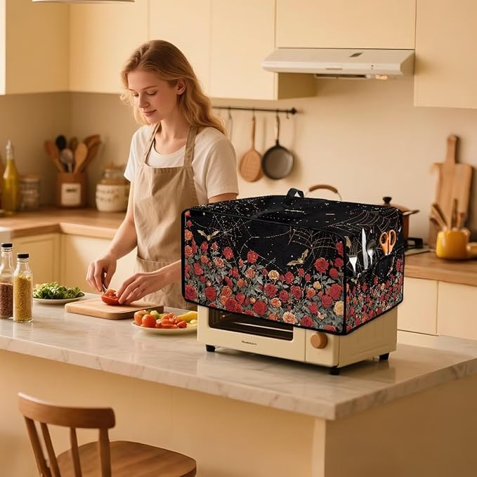 Red Rose Bat Cobweb Print Microwave Oven Dust Cover Polyester-Linen Fabric Dust Cover for Microwave Oven Universal Dust-Proof Kitchen Appliance Protector Fits Most Microwaves, S