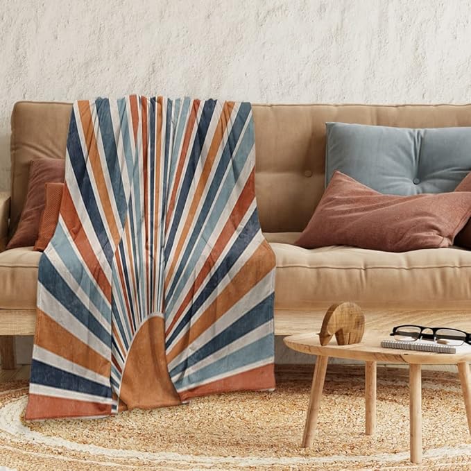 Boho Colorful Sunrise Throws Blankets Abstract Mid Century Modern Throw Blanket Minimalist Sun Boho Leaves Aesthetic Soft Warm Bed Bedding Women Blankets for Couch Sofa Office 30"x40"