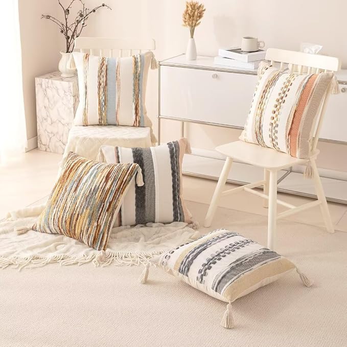 Boho Throw Pillow Covers 18x18 Set of 2 Woven Tufted Farmhouse Pillows Cover with Tassels Textured Striped Cushion Case Neutral Pillow Cases Decorative Pillowcase for Sofa Couch,Light Blue