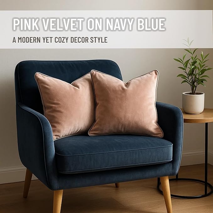 2 Pack Velvet Decorative Throw Pillow Covers, 18"x18", Pink and Grey, Solid, Modern, Contrast Piping, Indoor Use, Bedroom & Living Room