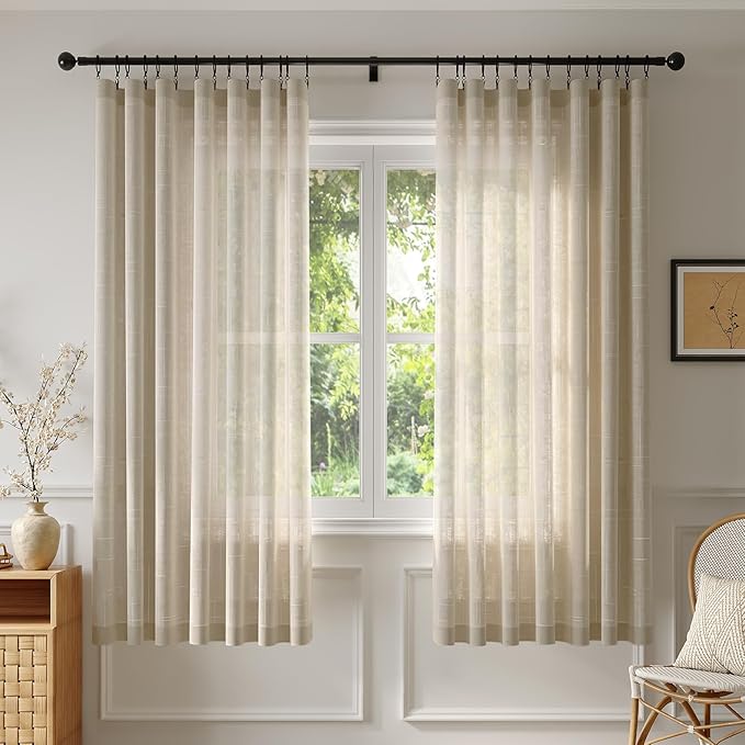 Anmao Natural Linen Curtains for Living Room 63 Inch Length 2 Panels Set, Light Filtering Semi Sheer Window Curtain Drapes for Bedroom with Curtain Rings and Clips, 52 Inch Wide Each Panel, Linen