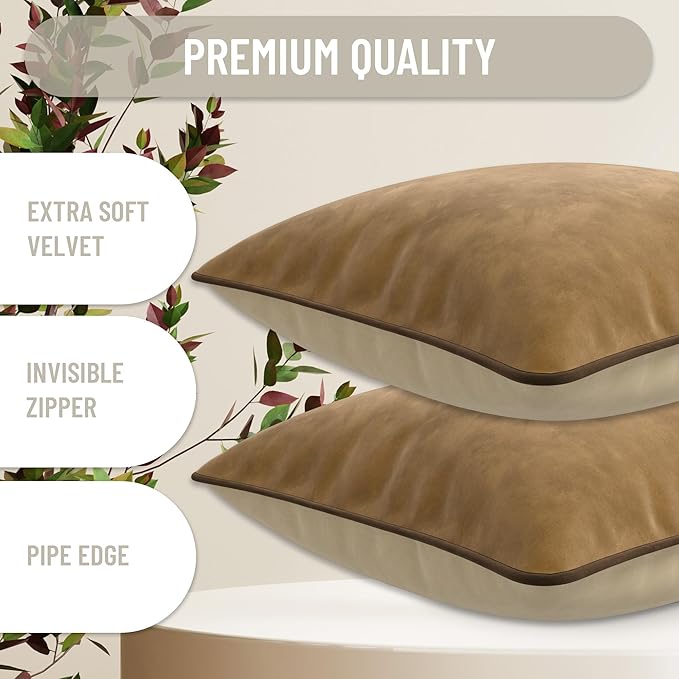 Set of 2 Decorative Throw Pillow Covers Cushion Cases. Soft Velvet. Contrast Pipping Edge. Filling Not Included. (20x20in, Camel/Beige)