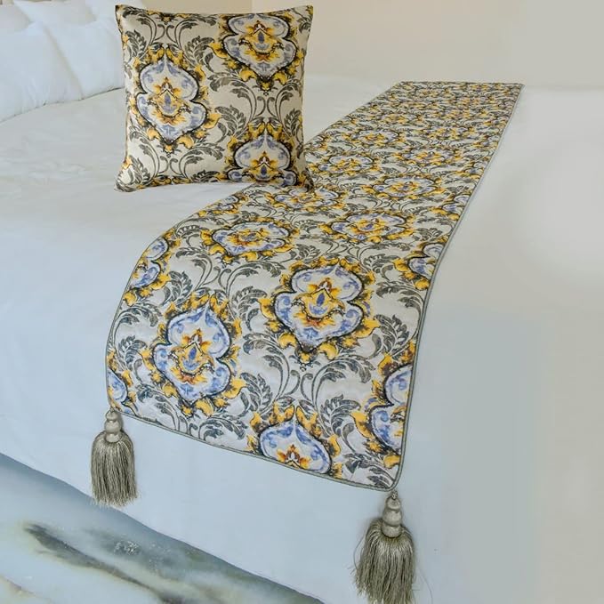The HomeCentric King/Queen/Twin Grey Decorative King 90"x18" Bed Runner with 2 Pillow Cover, Quilted, Damask & Tassels Bed Scarf on Jacquard Fabric - Damask Blaze