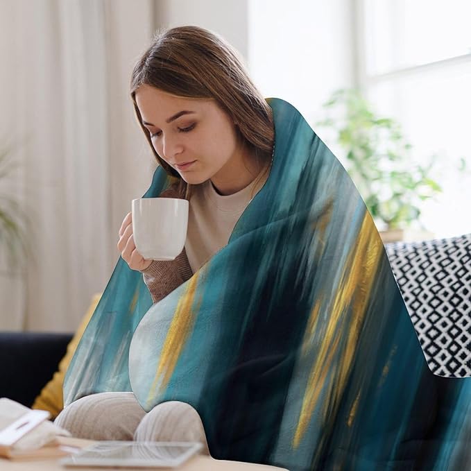 Fashion Gradient Blanket, Modern Abstract Art Gold Lake Blue Painting Strokes Pattern Soft Warm Cozy Plush Flannel Covers for Livingroom Bedroom Couch Chair Camping Travel Home Decor Tapestry 50x60in