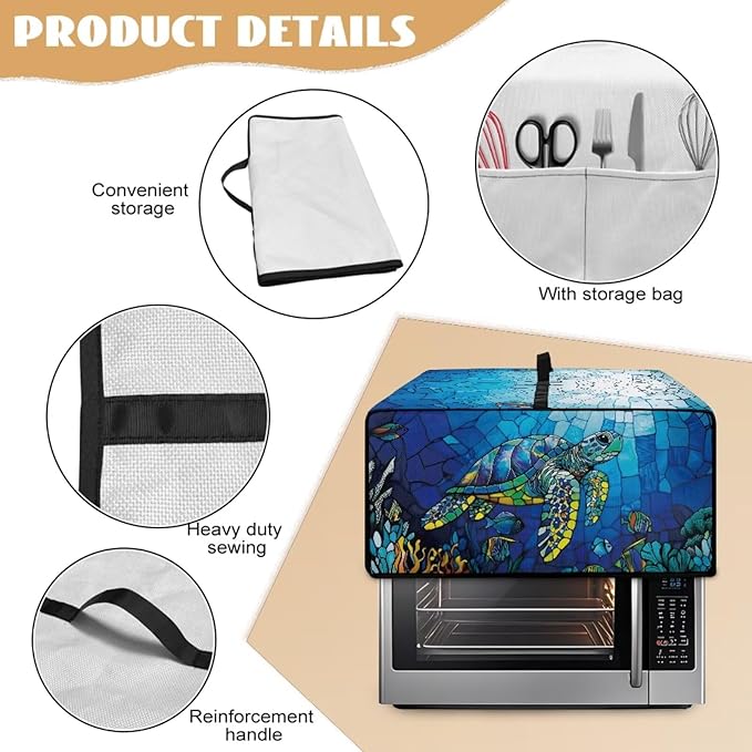 Glass Painting Sea Turtle Print Microwave Oven Cover Dustproof Toaster Oven Cover Large Size Foldable Kitchen Appliance Protector with Storage Bag Machine Washable, S