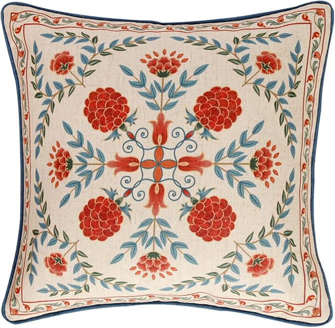 patdrea Designer Throw Pillow Covers,Square Brilliant Vintage Red Tropical Linen with Floral Pattern Pillow Cover,Decorative Pillowcases Cushion for Bed Living Room Outdoor Car,18"x18"