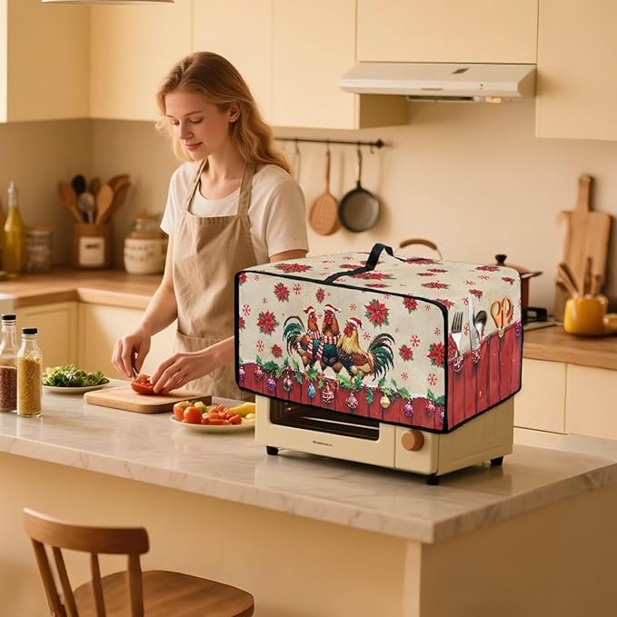 Christmas Toaster Oven Dust Cover with Storage Pockets, Protective Decorative Smart Oven Cover for for Kitchen Countertop, S, 14.5 x 18.5 x 9 Inches, Rooster Chicken Poinsettia Red Beige