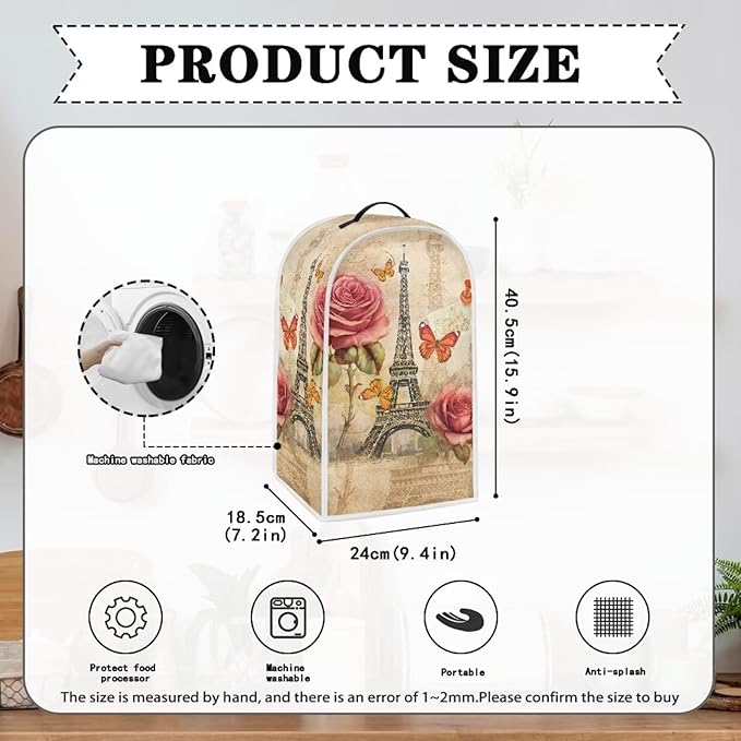 Talayituse Eiffel Tower Print Blender Dust Cover with Handle, Rose Butterfly Stand Mixer or Coffee Maker Appliance Cover Anti Fingerprint Dust Proof Stain Resistant Blender Cover for Home Kitchen