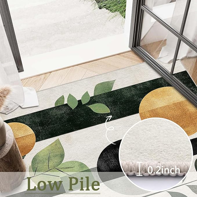 6x9 Boho Area Rug Green Leaf Black White Golden Rug Non Slip Low Pile Large Carpet for Home Kitchen Living Room Bedroom Dining Room Office