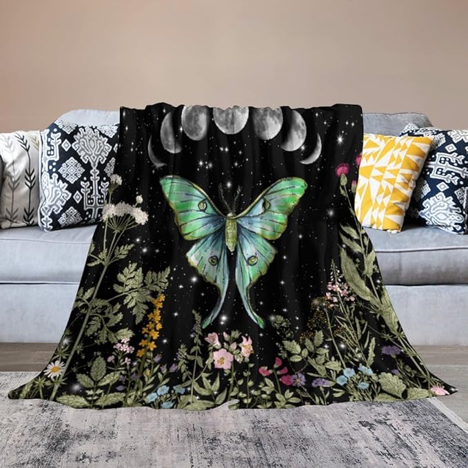Moth Floral Flannel Blanket, Gothic Witchy Moon Phase Botanical Vintage Wildflower Plantsprint Soft Warm Fuzzy Throw Blanket for Couch Sofa Office Bed, 50"x60"