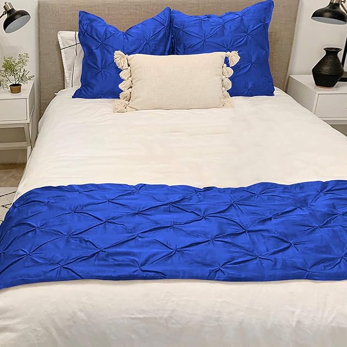 Bed Runner Set - 100% Pure Cotton 800 Thread Count - Luxury 1 Pinch Pleated Bed Runner and 2 Pillow Cover - 3 Piece Pinch Pleated Bed Runner Set Queen, Royal Blue