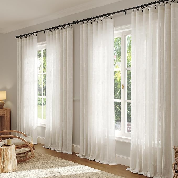 Anmao Natural Linen Curtains for Living Room 80 Inch Length 2 Panels Set, Light Filtering Semi Sheer Window Curtain Drapes for Bedroom with Curtain Rings and Clips, 52Wx80L, Ivory
