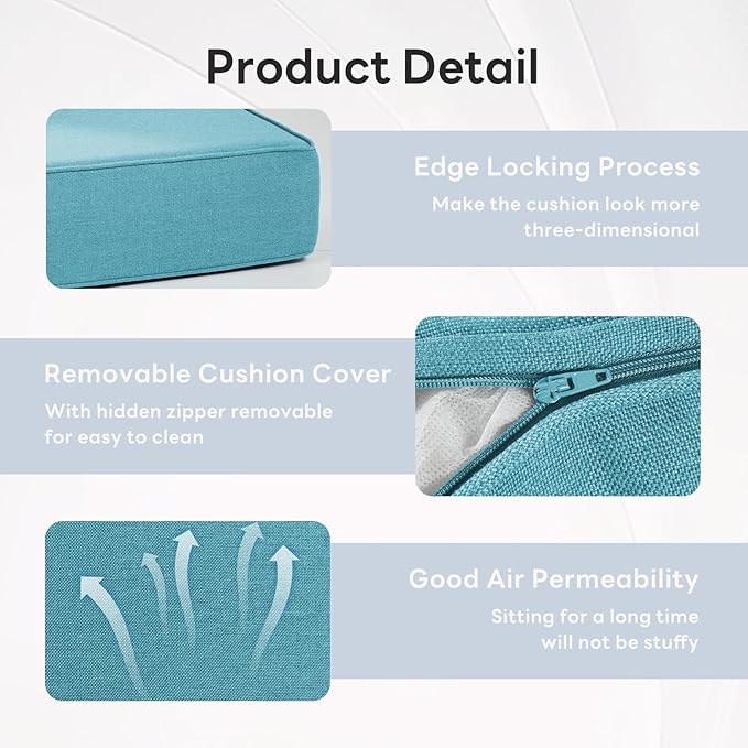 6" Thicker Outdoor Chair Cushion 2 Sets - 24" *24" *6" Waterproof Patio Furniture Cushions with Removable Cover, 28D High Density Sponge Filling Thicken Outdoor Patio Cushions - Turquoise