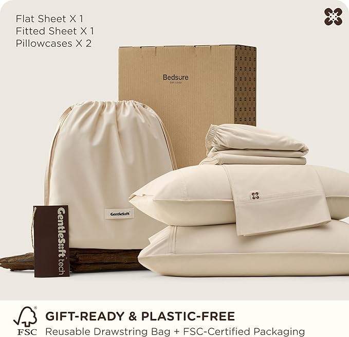 Bedsure Cooling Sheets Queen Size, Rayon Derived from Bamboo & Cotton Blend, GentleSoft, Breathable, Queen Sheet Set, Deep Pocket Up to 18 Inches, Hotel Luxury Bedding for Hot Sleepers, Beige