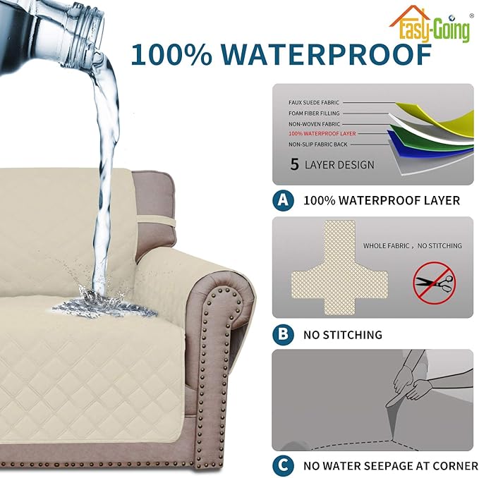 Easy-Going Sofa Slipcover Loveseat Cover Waterproof Couch Cover Washable Sofa Cover for 2 Cushion Couch Non-Slip Fabric Furniture Protector with Pocket for Pets Kids Dog Cat (Loveseat, Ivory)