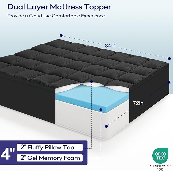 OLANLY Dual-Layer 4 Inch Cal King Size Memory Foam Mattress Topper for Back Pain, 2 Inch Cooling Pillow Top Mattress Pad Cover and 2 Inch Gel Memory Foam Topper, Deep Elastic Pocket, Black