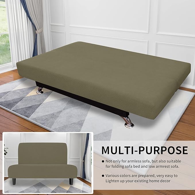 Easy-Going Stretch Futon Slipcover Armless Futon Bed Cover Furniture Protector Without Armrests with Elastic Bottom for Kids, Soft Jacquard Fabric Small Checks (Medium, Khaki)