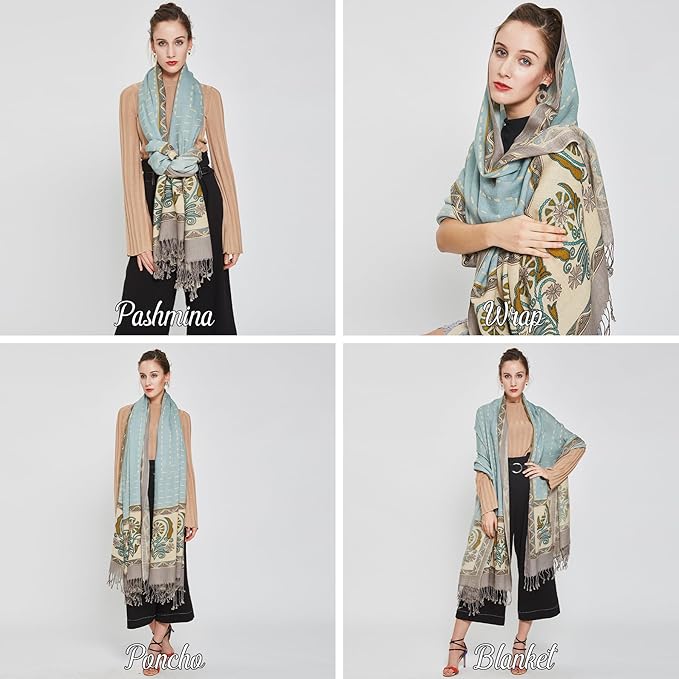 DANA XU 100% Merino Wool Pashmina Shawl for Women 96"x43", Oversized Cashmere Wrap with Tassels, Floral Travel Blanket Cape