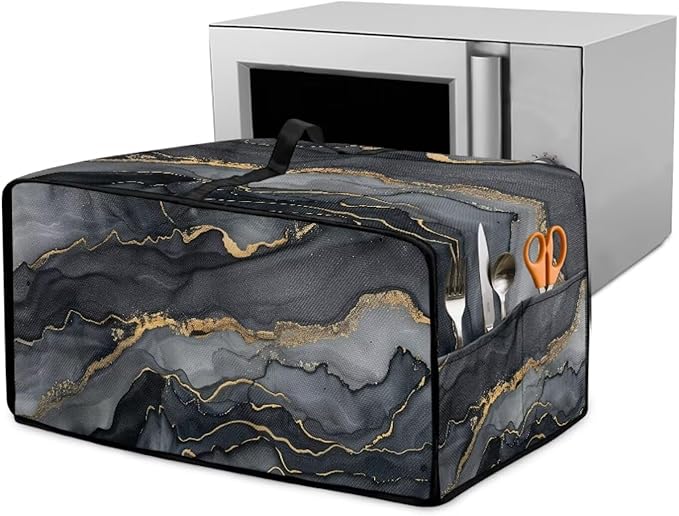 Convection Toaster Oven Cover Protective Small Kitchen Appliance Dust Cover with Accessory Pockets for Kitchen Home Indoor Decorations, S, Marble Black Gold