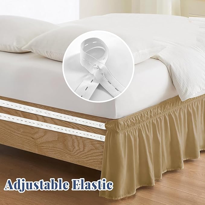 Twin Bed Skirt, Elastic Wrap Around Bed Skirt Twin Size, Bed Skirts for Adjustable Bed, Easy Fit with 14" Drop Length Tailored Drop Dust Ruffle (Beige)