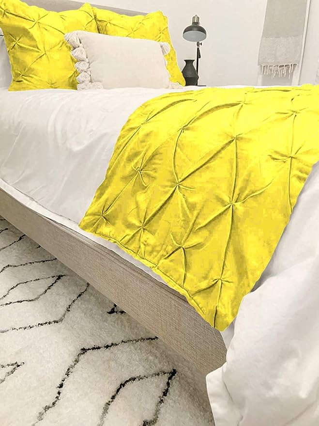 Bed Runner Set - 100% Pure Cotton 800 Thread Count - Luxury 1 Pinch Pleated Bed Runner and 2 Pillow Cover - 3 Piece Pinch Pleated Bed Runner Set California King, Yellow