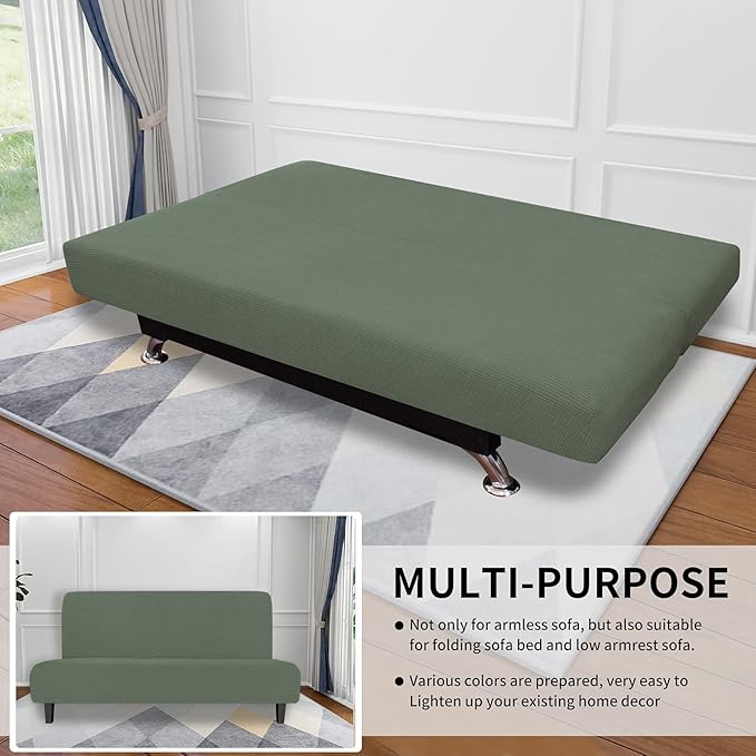 Easy-Going Stretch Futon Slipcover Armless Futon Bed Cover Furniture Protector Without Armrests with Elastic Bottom for Kids, Soft Jacquard Fabric Small Checks (Large, Greyish Green)
