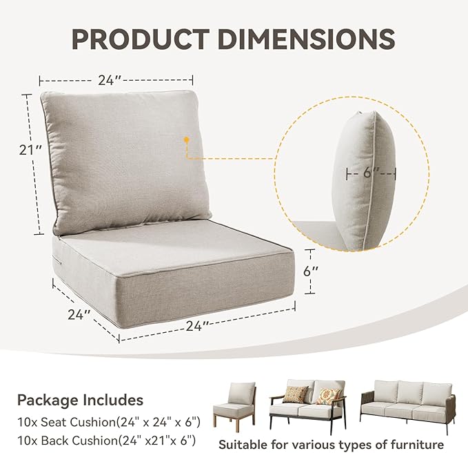 Outdoor Cushion Set for Furniture Patio Furniture, UV Resistant, Water Resistant - 6 Inch Thick Foam Garden Cushions– 24x24 Inch Patio Seat Covers for Chair/Sofa/Couch | Beige | 10-Pack |