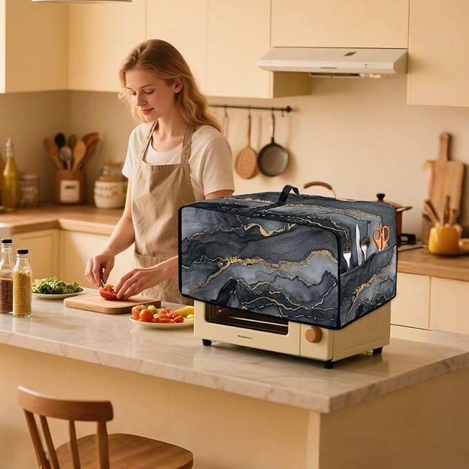 Convection Toaster Oven Cover Protective Small Kitchen Appliance Dust Cover with Accessory Pockets for Kitchen Home Indoor Decorations, L, Marble Black Gold
