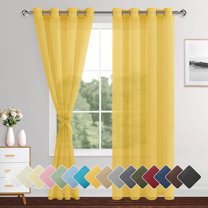 XWZO Sheer Curtains 84 Inches Length 2 Panels Set with Tiebacks, Grommet Top Semi Transparent Voile Lightweight Window Curtains for Bedroom, Living Room, Kids Room, W52 x L84, Yellow, Set of 2