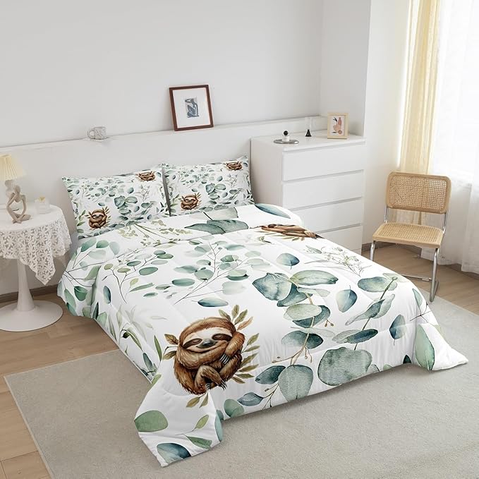 Erosebridal Girls Kawaii Animal King Size Comforter Set Cute Sloth Bedding Set, Cartoon Wildlife Down Comforter Green Leaf Bed Set, Spring Garden Plant Quilted Duvet Child Kids Bedroom Decor