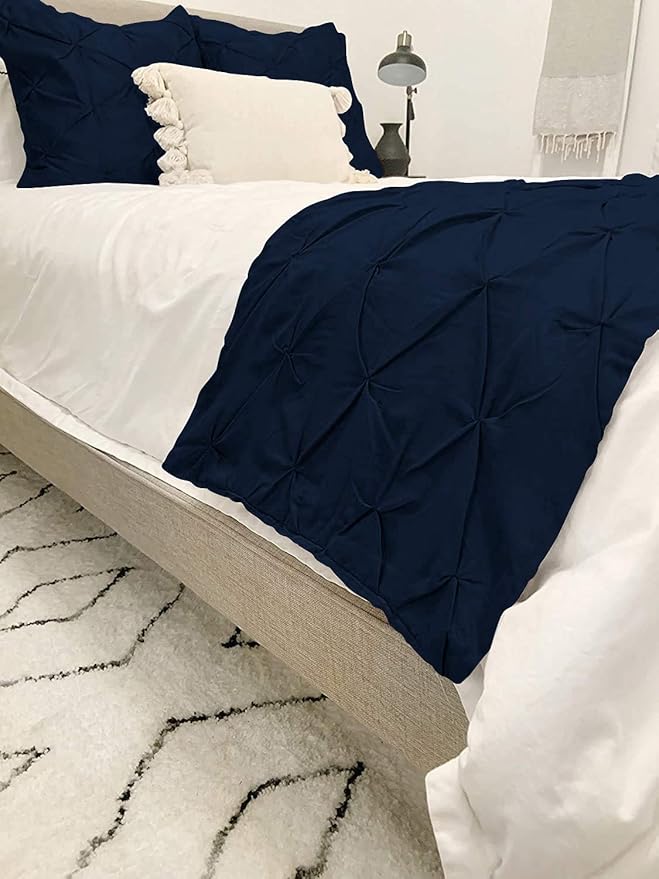 Bed Runner Set - 100% Pure Cotton 800 Thread Count - Luxury 1 Pinch Pleated Bed Runner and 2 Pillow Cover - 3 Piece Pinch Pleated Bed Runner Set Twin, Navy Blue